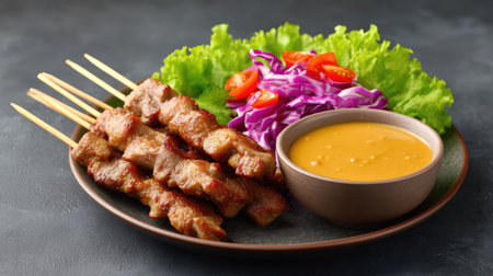 Grilled meat skewers served with fresh vegetables and a tantalizing dipping sauce, creating an appealing and vibrant plate perfect for any food loverの素材