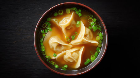 A vibrant bowl of dumplings swimming in savory broth, garnished with fresh green onions, showcasing Asian culinary traditions in a stunning presentation.の素材