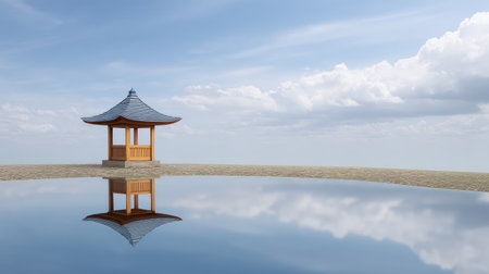 A stunning Japanese pavilion sits peacefully beside calm waters, reflecting the blue sky and fluffy clouds, creating a perfect scene of tranquility and serene beauty in nature.の素材