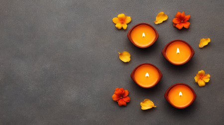 A calming arrangement of orange candles and flower petals on a dark surface creates an inviting atmosphere for relaxation, meditation, or decor use in various settings.の素材