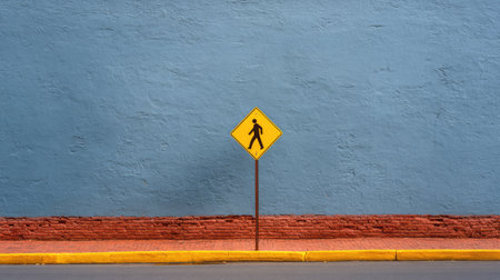 A striking image featuring a yellow pedestrian sign against a textured blue wall with a red base, capturing the essence of urban life and pedestrian awareness in a vivid, minimalist style.の素材