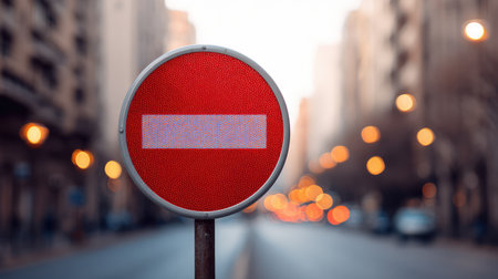 A clear no entry sign stands prominently against a soft blurred city background, representing traffic control and urban safety regulations in a vibrant city environment.の素材