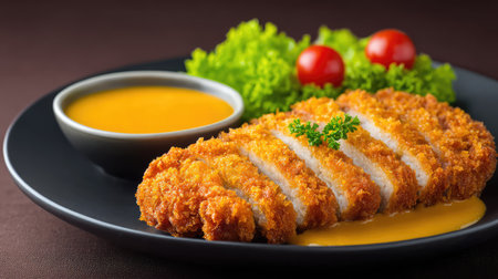 A crispy fried chicken cutlet served with a creamy sauce, fresh lettuce, and cherry tomatoes on a stylish plate, perfect for meal preparation and presentation ideas.の素材