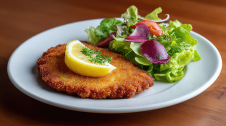 This vibrant image showcases a crispy breaded chicken cutlet accompanied by a fresh salad and a slice of lemon, ideal for appealing meal presentations and culinary delights.の素材