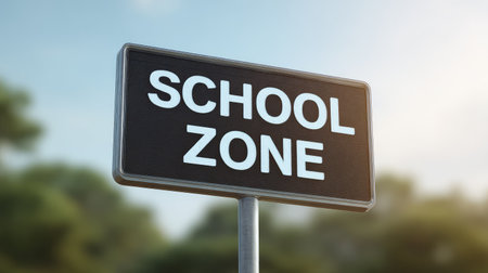 A clear school zone sign designed to enhance safety around educational institutions, reminding drivers and pedestrians to remain vigilant in this important area.の素材