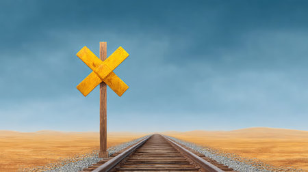 An expansive view of railway tracks stretches into the distance, complemented by a yellow warning sign against a dramatic sky, evoking themes of solitude and adventure in a rural landscape.の素材
