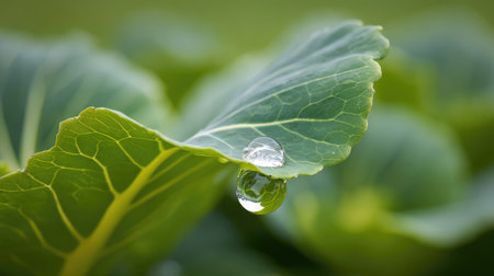 Close-up of a fresh green leaf featuring a glistening water droplet. This image captures the beauty of nature, emphasizing hydration and ecological balance among plants.の素材