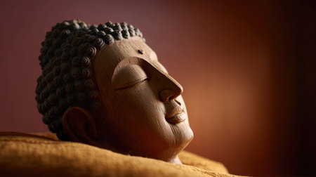 A beautifully crafted wooden Buddha head sculpture emanating tranquility and peace, captured in soft light against a warm backdrop, perfect for meditation and relaxation themes.の素材
