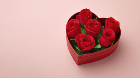 A charming heart-shaped box filled with vibrant red roses, set against a soft pink background. Ideal for romantic gifts, celebrations, or special occasions.の素材