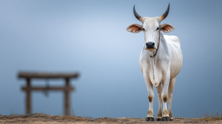 A stunning white cow stands in the foreground, showcasing its beauty against a serene blue background with a distant torii gate, evoking tranquility and harmony in nature.の素材