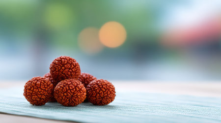 A delightful arrangement of lychee fruits creates a visually appealing scene with a soft blue surface and a beautiful blurred backdrop, perfect for food photography.の素材