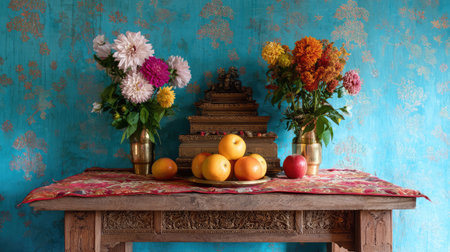 A captivating still life arrangement featuring colorful flowers and fresh fruits on a wooden table, set against a striking blue wall that adds artistic flair.の素材