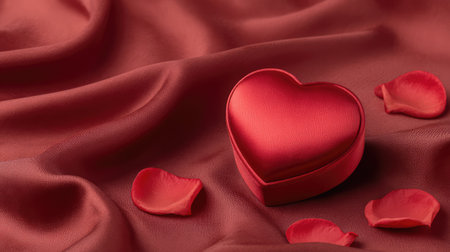 A stunning heart-shaped red gift box rests on luxurious silky red fabric, surrounded by delicate rose petals, creating a romantic and elegant atmosphere for special moments.の素材