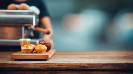 A selection of freshly baked cupcakes elegantly displayed on a wooden board, complemented by a blurred coffee machine in a cozy cafの素材