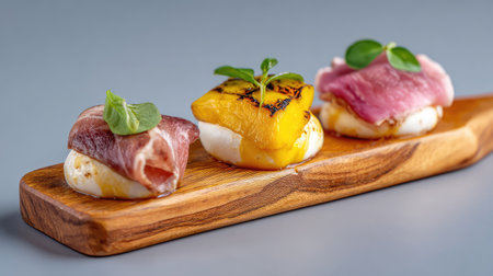 A visually stunning display of gourmet sushi bites featuring exquisite toppings, arranged artfully on a wooden board, perfect for food enthusiasts and culinary creatives.の素材