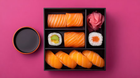 A visually stunning sushi platter showcases fresh salmon and avocado rolls, complemented by pickled ginger and soy sauce, perfect for a delicious dining experience.の素材