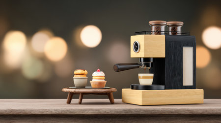 Espresso machine next to delightful desserts on a wooden table, offering a warm and inviting cafの素材