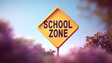 A vibrant school zone sign stands tall amidst greenery, emphasizing the need for caution in areas where children are present, promoting safety and awareness.の素材