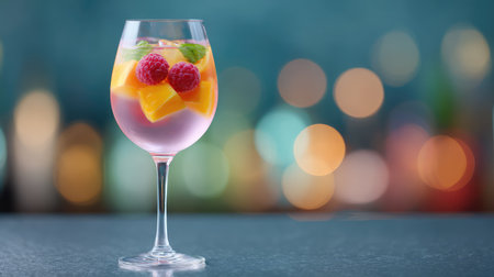 A beautiful summer cocktail featuring raspberries and mango in a glass, set against a vibrant bokeh background, perfect for beverage photography showcasing refreshing drinks.の素材
