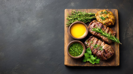 Experience a tempting arrangement of grilled steak served with fresh herbs and vibrant sauces on a wooden board, ideal for culinary enthusiasts and food lovers alike.の素材