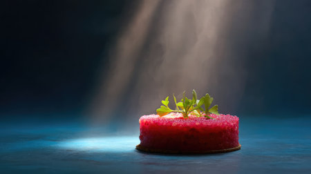 An exquisite gourmet dessert is presented under dramatic lighting and subtle fog, emphasizing vibrant colors and fresh garnishes for a stunning visual impact.の素材