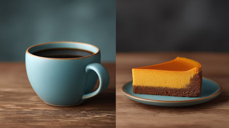 A cozy coffee moment featuring a blue cup of rich coffee alongside a beautiful slice of layered cheesecake, perfect for dessert lovers seeking warmth and indulgence.の素材