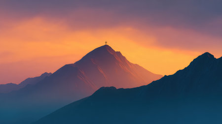A breathtaking view of a mountain at sunset, featuring the silhouette of a cross atop the peak against a colorful sky filled with soft hues of orange and purple.の素材