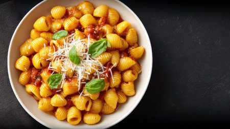 Enjoy a vibrant bowl of pasta topped with savory tomato sauce, fresh basil, and grated cheese. A perfect dish for any meal, offering a delightful culinary experience.の素材