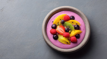 A vibrant bowl of smoothie topped with fresh slices of kiwi, mango, strawberries, and blueberries showcasing a healthy and delicious snack perfect for any meal.の素材