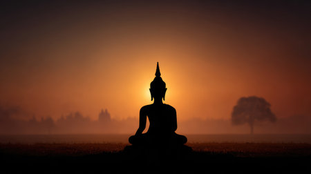 A captivating silhouette of a Buddha figure sits peacefully against a stunning golden sunrise, creating a serene atmosphere that inspires reflection and tranquility in nature.の素材