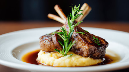 Indulge in a beautifully plated gourmet dish featuring succulent lamb chops served on creamy mashed potatoes and finished with aromatic rosemary for a delightful dining experience.の素材
