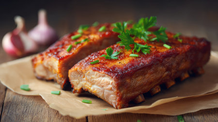 Mouthwatering grilled pork ribs garnished with fresh herbs and garlic. A rustic presentation on natural paper creates an inviting and delicious meal for any occasion.の素材
