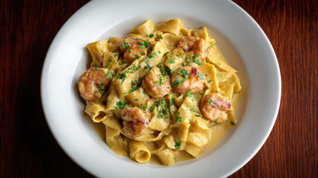 A delicious creamy pasta dish featuring succulent shrimp and fresh herbs presented beautifully in a white bowl, ideal for showcasing culinary creativity and flavor.の素材