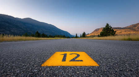 Scenic view of a tranquil highway featuring a prominent road marker, surrounded by mountains under a clear sky, ideal for travel and nature enthusiasts.の素材