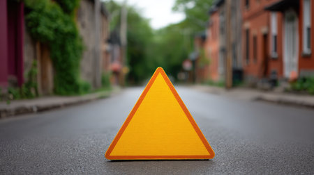 A vibrant yellow warning sign stands prominently in the middle of a serene street, surrounded by charming houses and green foliage, emphasizing the importance of safety in urban areas.の素材