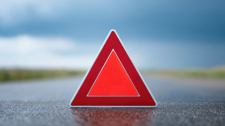 A striking red warning triangle placed on a wet road under dark storm clouds signifies caution for approaching drivers, enhancing road safety in adverse weather conditions.の素材