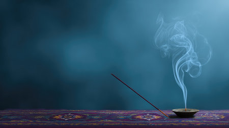 A tranquil scene featuring incense smoke rising gracefully from a holder, placed on vibrant textured fabric, creating a relaxing atmosphere ideal for meditation and mindfulness.の素材