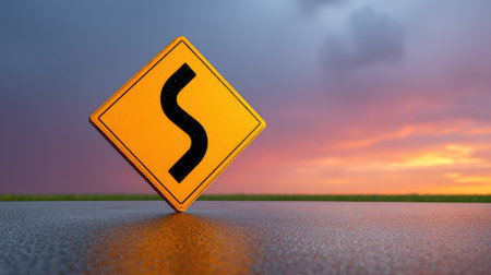 A striking road sign indicating a curving route stands against a beautiful sunset, perfect for themes of travel, safety, and outdoor adventures in illustrations and designs.の素材