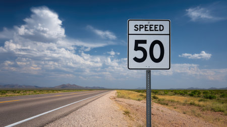 A prominent speed limit sign indicates a 50 mph limit on a tranquil open road. The background showcases a captivating blue sky with dynamic clouds amidst a serene landscape.の素材