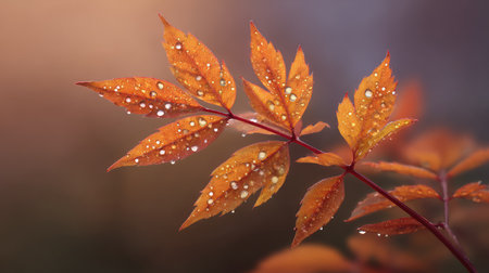 A stunning close-up of orange leaves adorned with droplets of water, highlighting the beauty of nature during autumn, set against a soft background.の素材