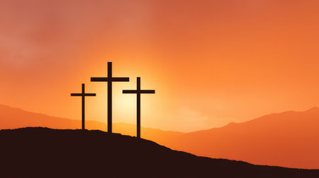 A stunning silhouette of three crosses rises against a vibrant sunrise, conveying themes of hope and faith within a serene and peaceful landscape setting.の素材