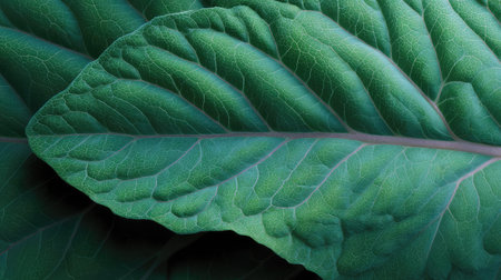 Captivating close-up of a lush green leaf revealing intricate textures and patterns. Perfect for nature and gardening themes, celebrating the beauty of the natural world.の素材