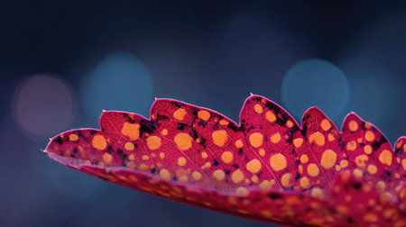 A stunning close-up of a red leaf adorned with vibrant orange spots, set against a soft bokeh background, capturing the beauty and detail of nature's artistry.の素材