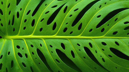 Discover the intricate beauty of a vibrant green leaf, featuring unique cutouts and detailed veins. Ideal for aesthetic and botanical themes in design projects.の素材