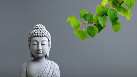 A serene Buddha statue blending harmoniously with green leaves imparts a peaceful and calming vibe, perfect for promoting wellness and mindfulness in any space.の素材