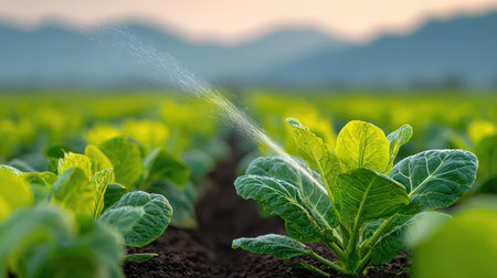 A close-up view of fresh green lettuce in a field being gently watered. The setting features a serene rural landscape with distant mountains and a warm evening glow.の素材