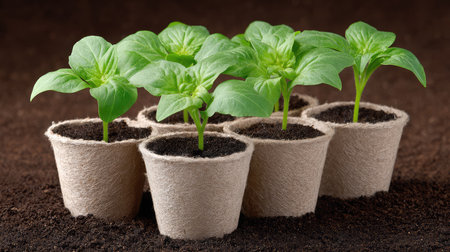 A group of vibrant green seedlings is shown in eco-friendly pots, sitting on dark brown soil, perfect for gardening enthusiasts looking to cultivate plants at home.の素材