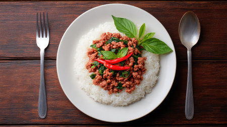 A vibrant and flavorful plate of rice topped with spicy minced meat and fresh basil, beautifully arranged to enhance the dining experience on a rustic table.の素材