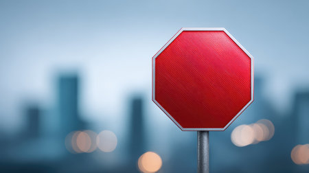 A vibrant red stop sign prominently displayed, set against a blurred urban background, highlights the importance of road safety and communication in a city environment.の素材