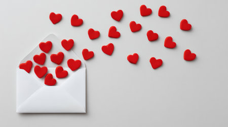 An open envelope overflowing with red hearts, set against a light gray background, ideal for conveying love and affection in Valentine's Day or romantic projects.の素材